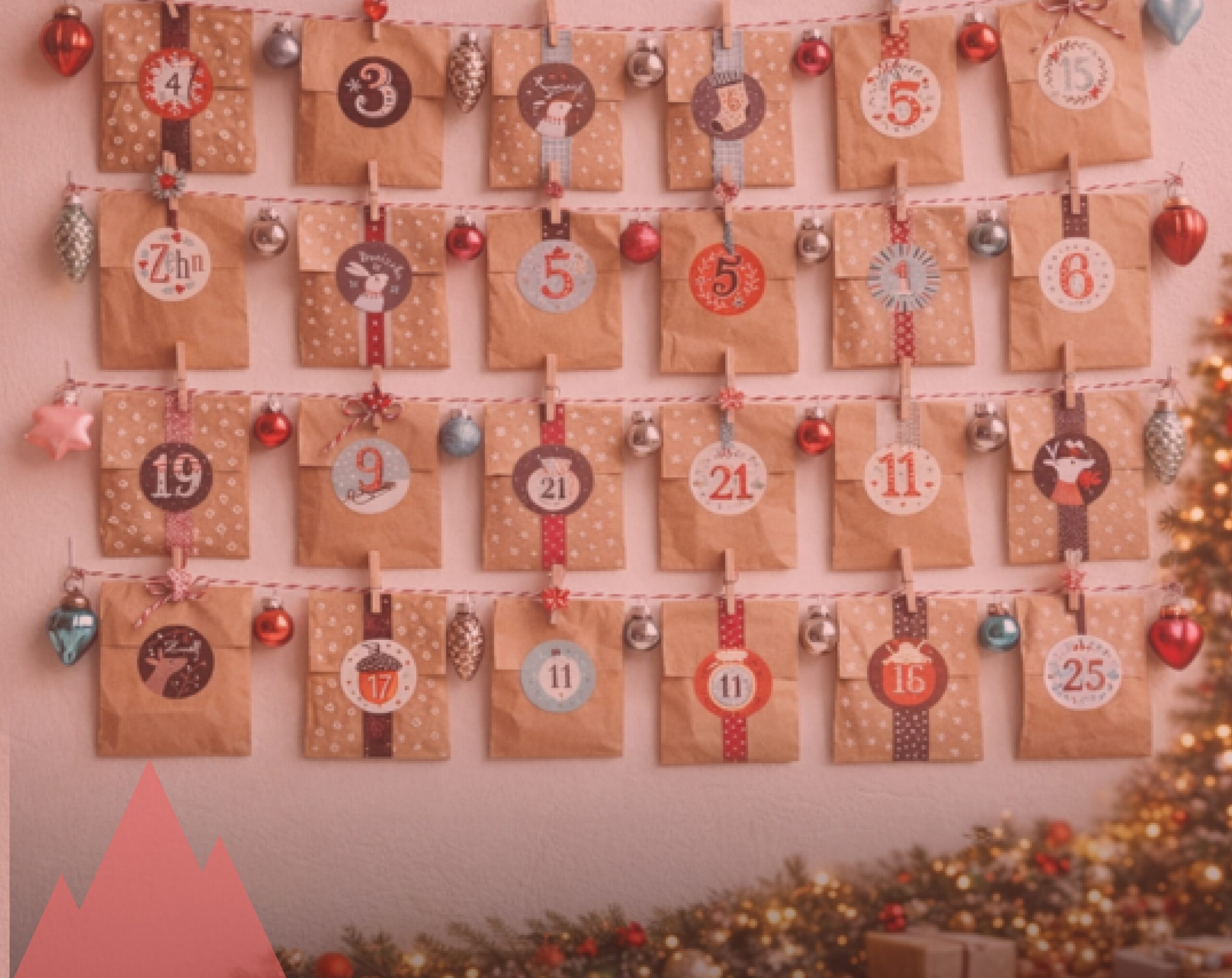 Photo d’un calendrier de l’Avent coloré posé devant un fond bleu, avec une décoration de Noël et un carnet, pour illustrer un calendrier de l’Avent de développement personnel.