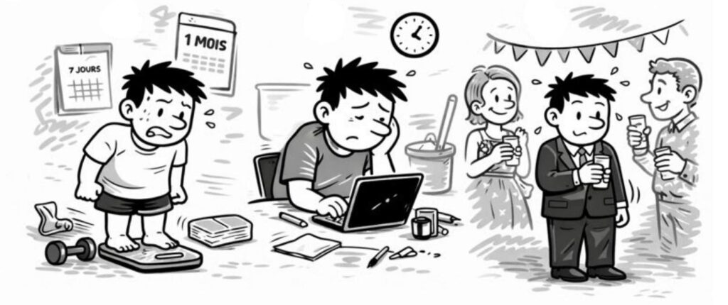 Définir une intention de vie : illustration en noir et blanc montrant les limites des résolutions de nouvel an à travers un personnage Pik sous pression