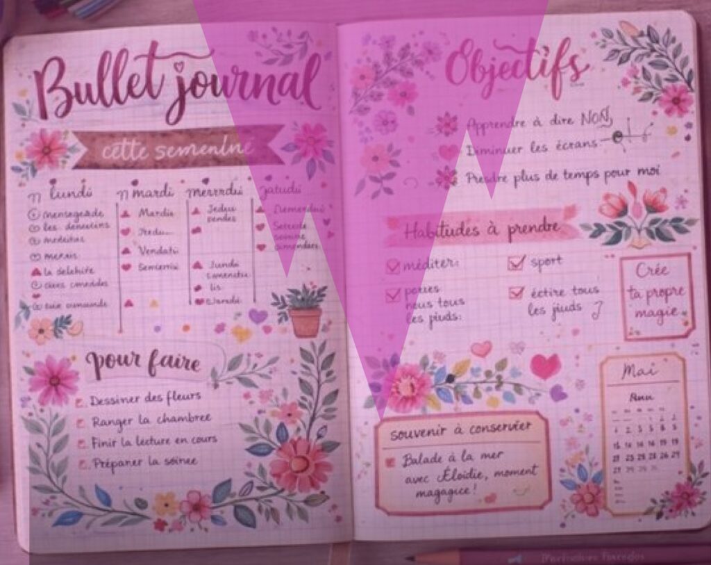 Bullet journal créatif pour réaliser un bilan personnel de fin d’année, avec pages décorées, questions introspectives et objectifs écrits à la main