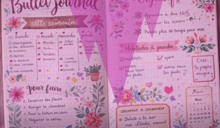 Bullet journal créatif pour réaliser un bilan personnel de fin d’année, avec pages décorées, questions introspectives et objectifs écrits à la main