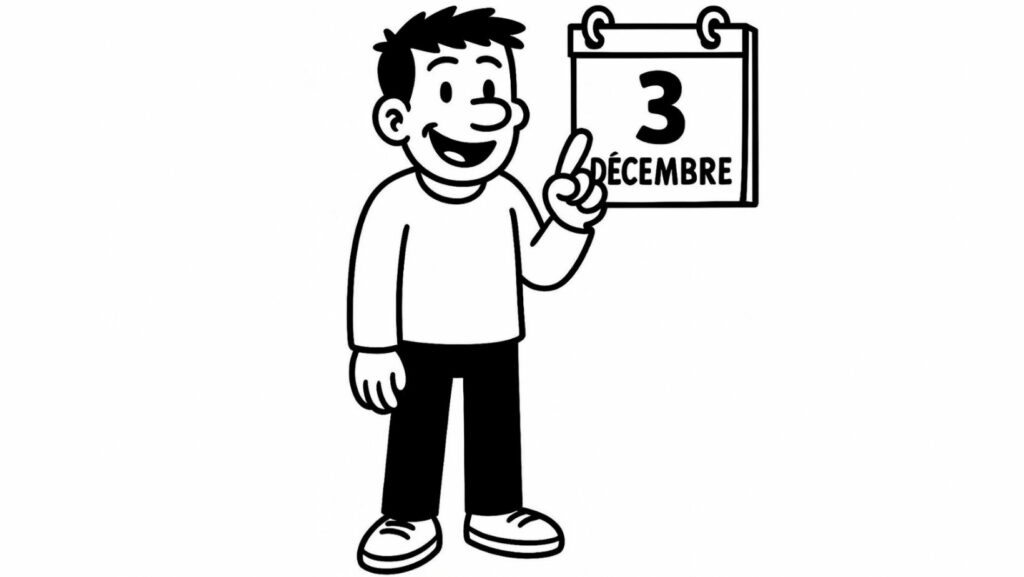 Illustration en noir et blanc d’un petit personnage souriant montrant un calendrier marqué “3 décembre”, créée pour un calendrier de l’Avent de développement personnel.
