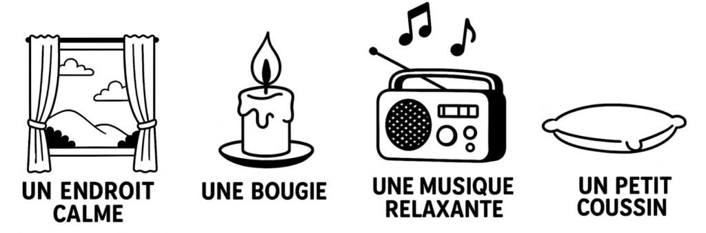 Illustration en noir et blanc montrant un endroit calme pour méditer avec une fenêtre ouverte sur la nature, une bougie allumée, une musique relaxante et un petit coussin — conseils bien-être et respiration profonde