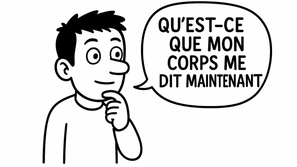 Illustration en noir et blanc d’un personnage style BD réfléchissant après une méditation, demandant « Qu’est-ce que mon corps me dit maintenant ? », créée pour un calendrier de l’Avent de développement personnel.