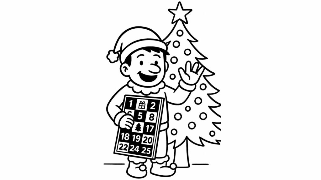Illustration en noir et blanc d’un petit personnage en habit de Noël tenant un calendrier de l’Avent et faisant au revoir devant un sapin, créée pour un article sur le calendrier de l’Avent de développement personnel.