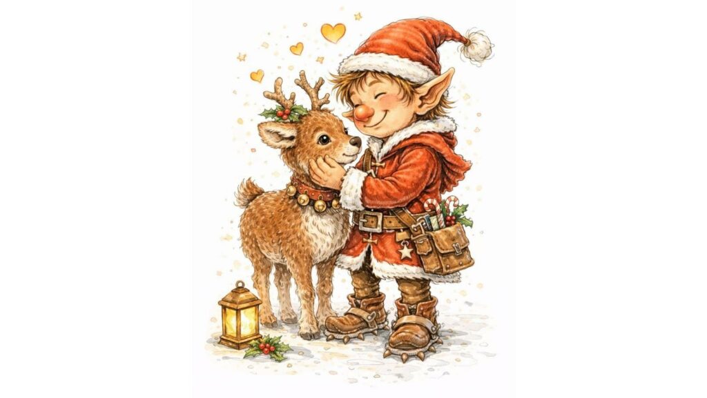 Noël lutin du père Noël ENFJ, lutin empathique et bienveillant, illustration style aquarelle sur fond blanc