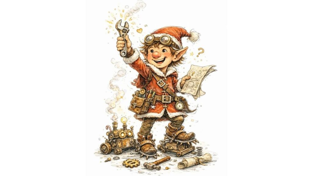 Noël lutin du père Noël ENTP, lutin ingénieux et inventif, illustration style aquarelle sur fond blanc