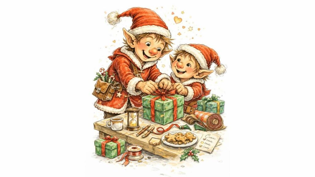 Noël lutin du père Noël ESFJ, lutin coopératif et attentionné, illustration style aquarelle sur fond blanc