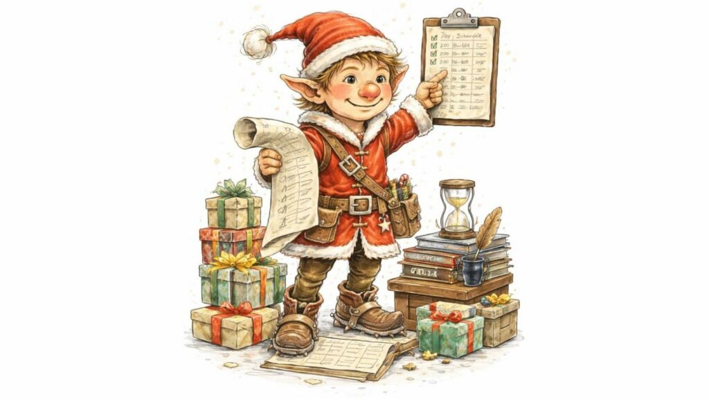 Noël lutin du père Noël ESTJ, lutin structurant et organisé, illustration style aquarelle sur fond blanc