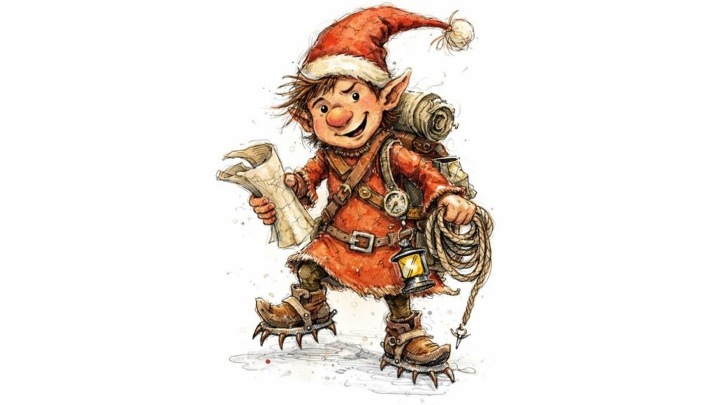 Noël lutin du père Noël ESTP, lutin aventurier et audacieux, illustration style aquarelle sur fond blanc