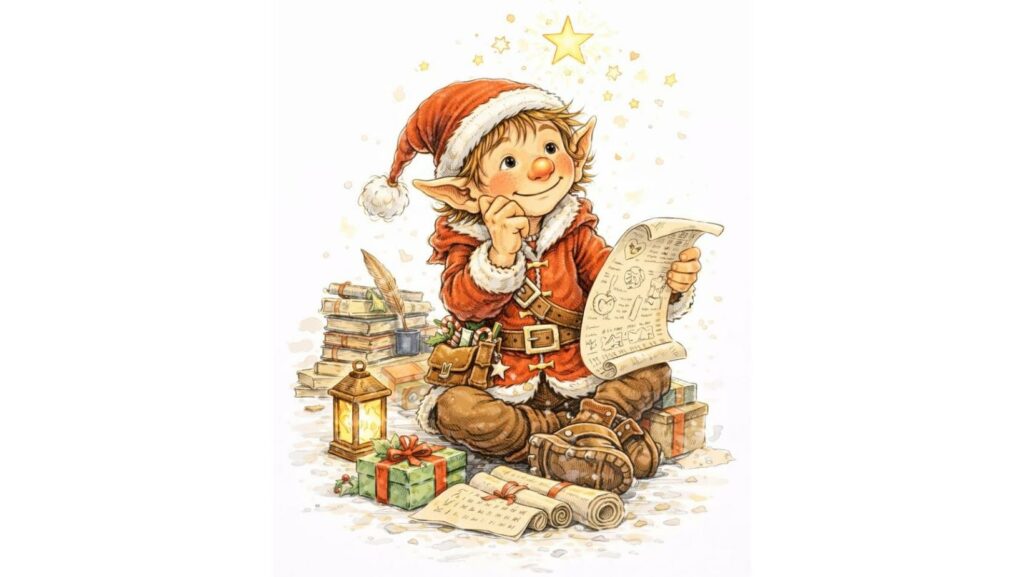 Noël lutin du père Noël INFJ, lutin clairvoyant et introspectif, illustration style aquarelle sur fond blanc