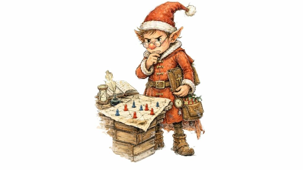 Noël lutin du père Noël INTJ, lutin stratège et visionnaire, illustration style aquarelle et croquis