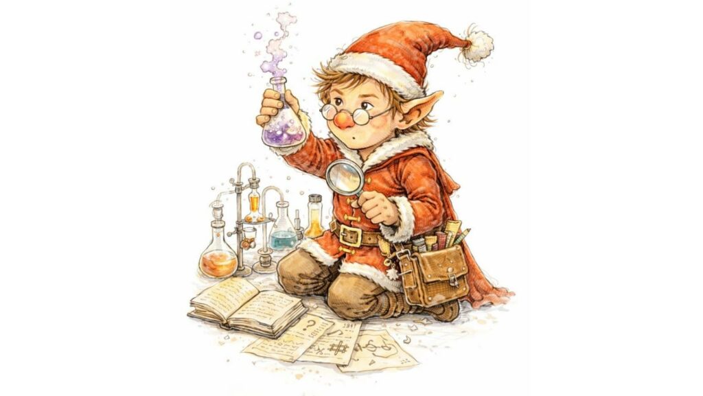 Noël lutin du père Noël INTP, lutin analytique et curieux, illustration style aquarelle sur fond blanc