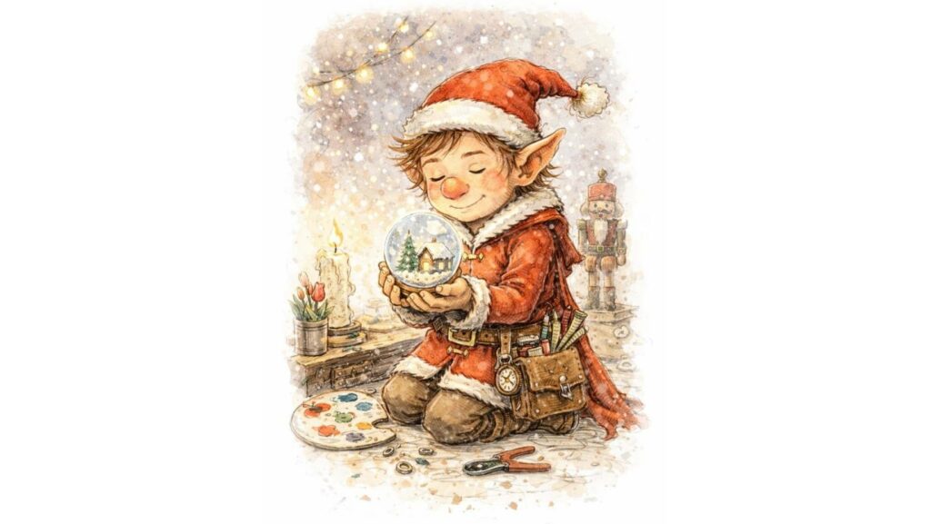 Noël lutin du père Noël ISFP, lutin sensible et créatif, illustration style aquarelle et croquis