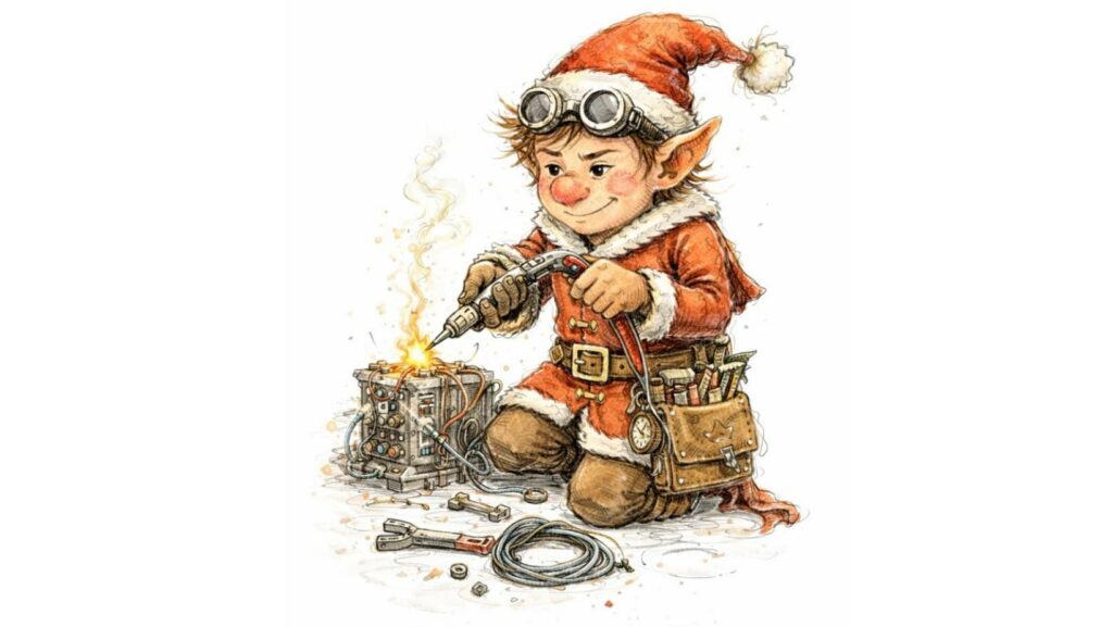 Noël lutin du père Noël ISTP, lutin axé solution, illustration style aquarelle et croquis