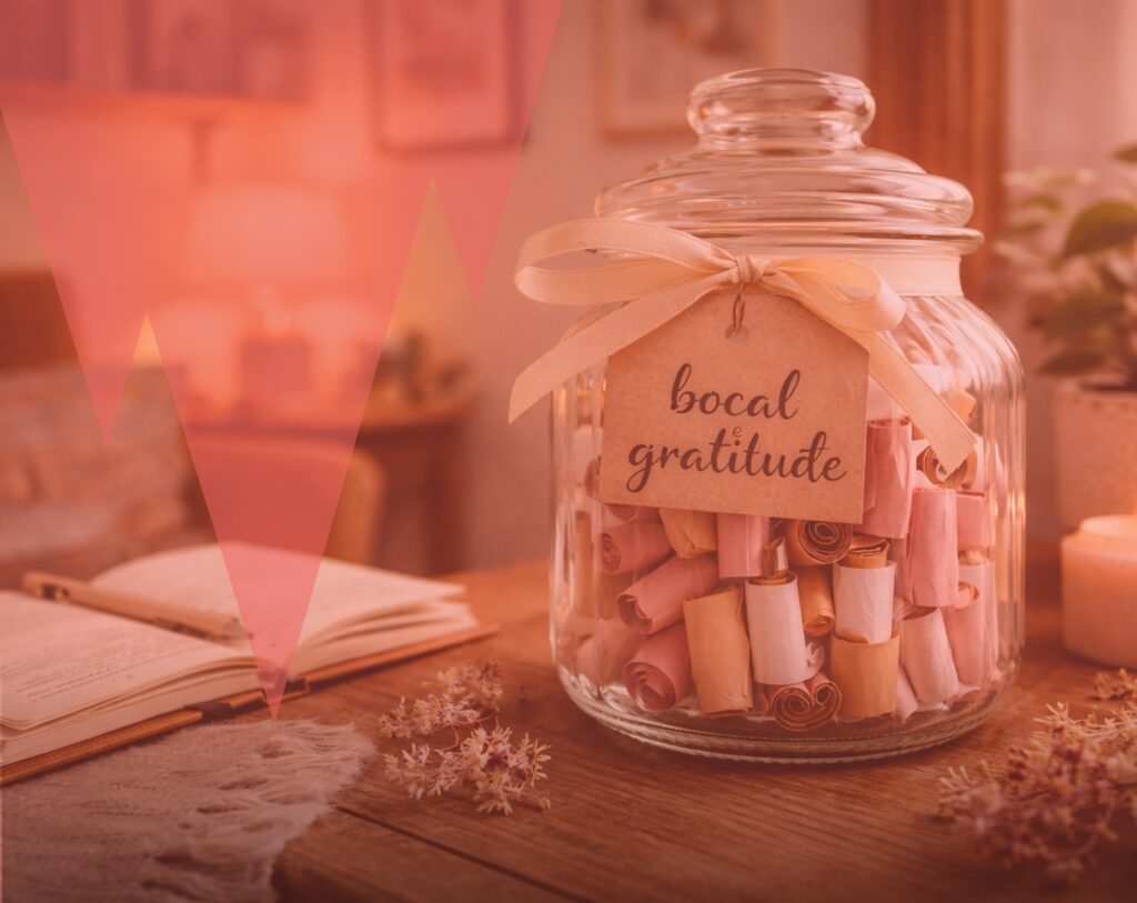 Bocal de gratitude rempli de petits mots, posé dans un intérieur chaleureux, pour illustrer un challenge gratitude de 7 jours et la pratique quotidienne de la gratitude