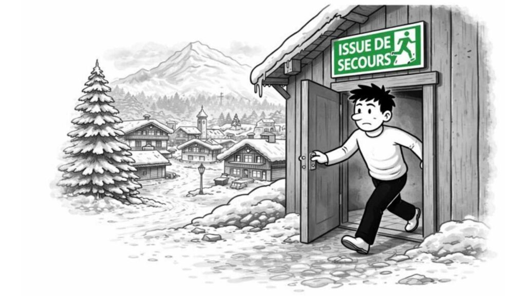 Personnage en noir et blanc sortant rapidement par une issue de secours dans un chalet de montagne pour fuir un incendie