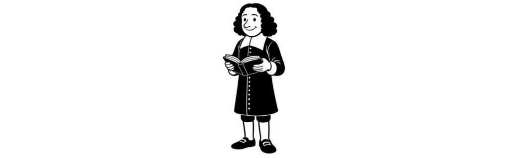 Illustration de Spinoza de plein pied tenant un livre, en lien avec la journée mondiale du merci et la philosophie de la gratitude