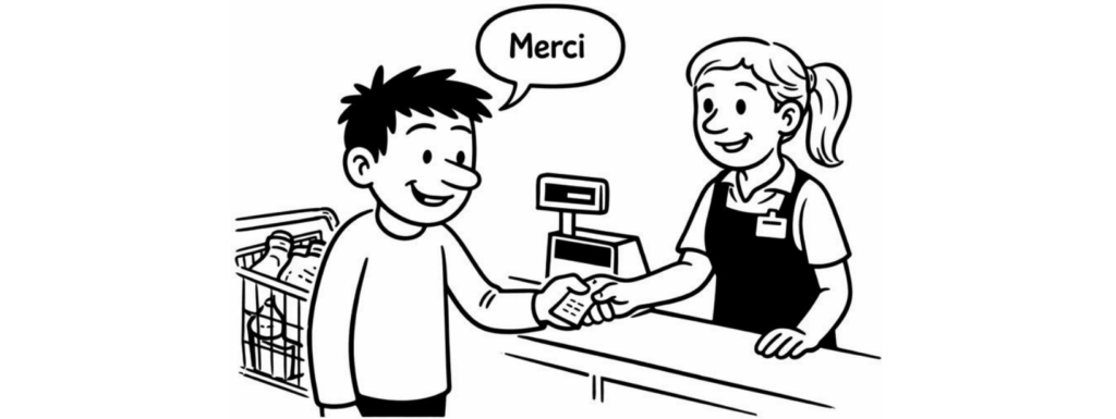 Journée mondiale du merci : pourquoi dit-on merci en pilote automatique? Un petit personnage dit merci machinalement à une caissière