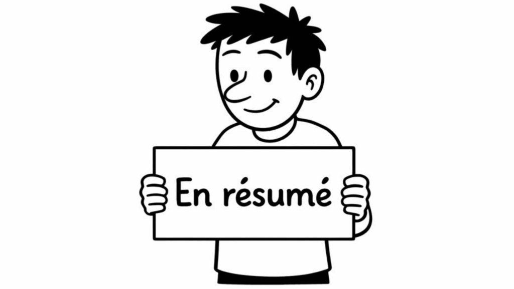 Un petit personnage tient une pancarte sur laquelle il est écrit "en résumé"