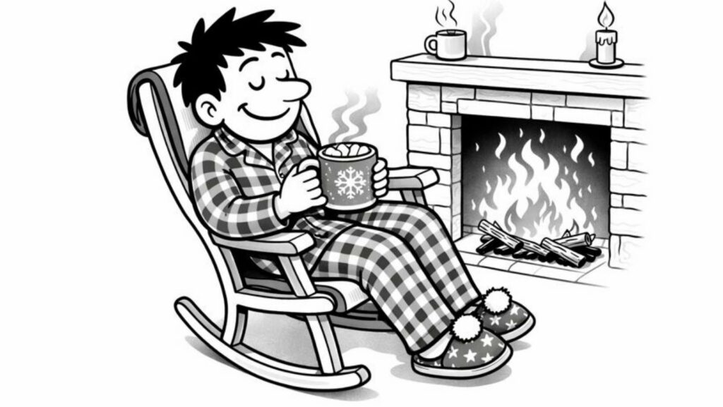Illustration en noir et blanc d’un personnage en pyjama assis dans un fauteuil à bascule devant une cheminée, tenant un chocolat chaud