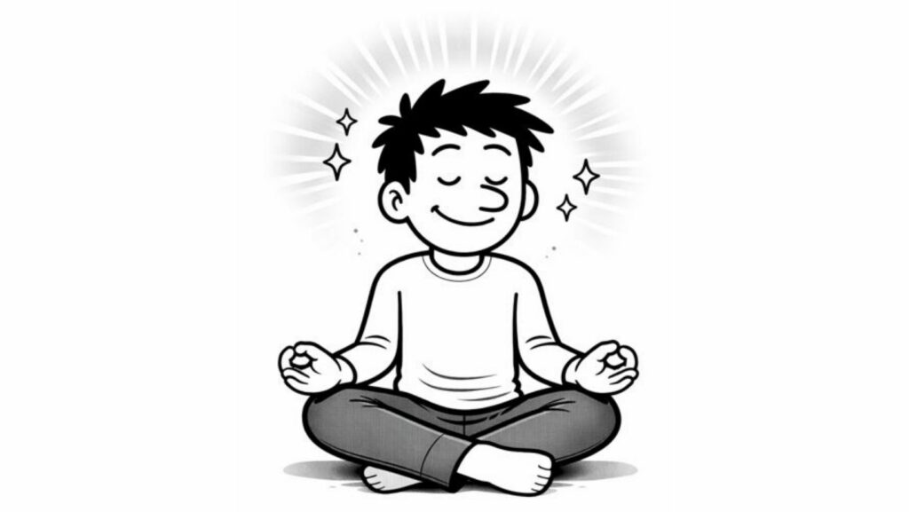 Illustration en noir et blanc d’un personnage assis en méditation, connecté à lui-même