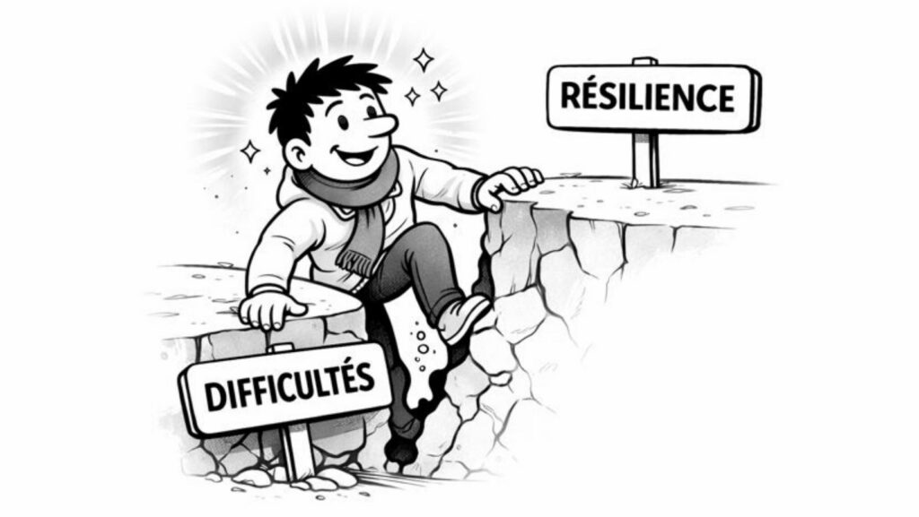 Illustration en noir et blanc du petit personnage franchissant un obstacle, symbole de la résilience