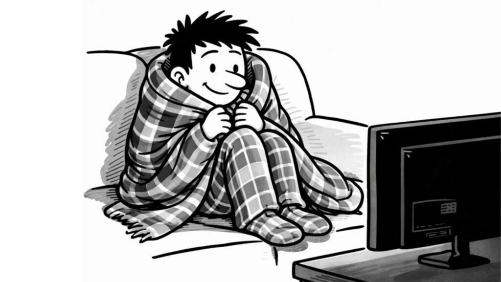 Petit personnage en pyjama à carreaux, mal coiffé et blotti sous un plaid sur le canapé, regardant une série à la télévision avec un air détendu