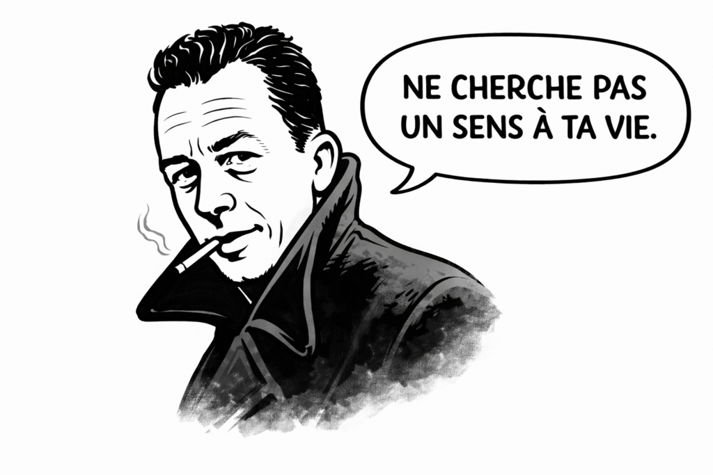Illustration style BD d'Albert Camus avec citation 'Ne cherche pas un sens à ta vie', réflexion philosophique sur la crise existentielle