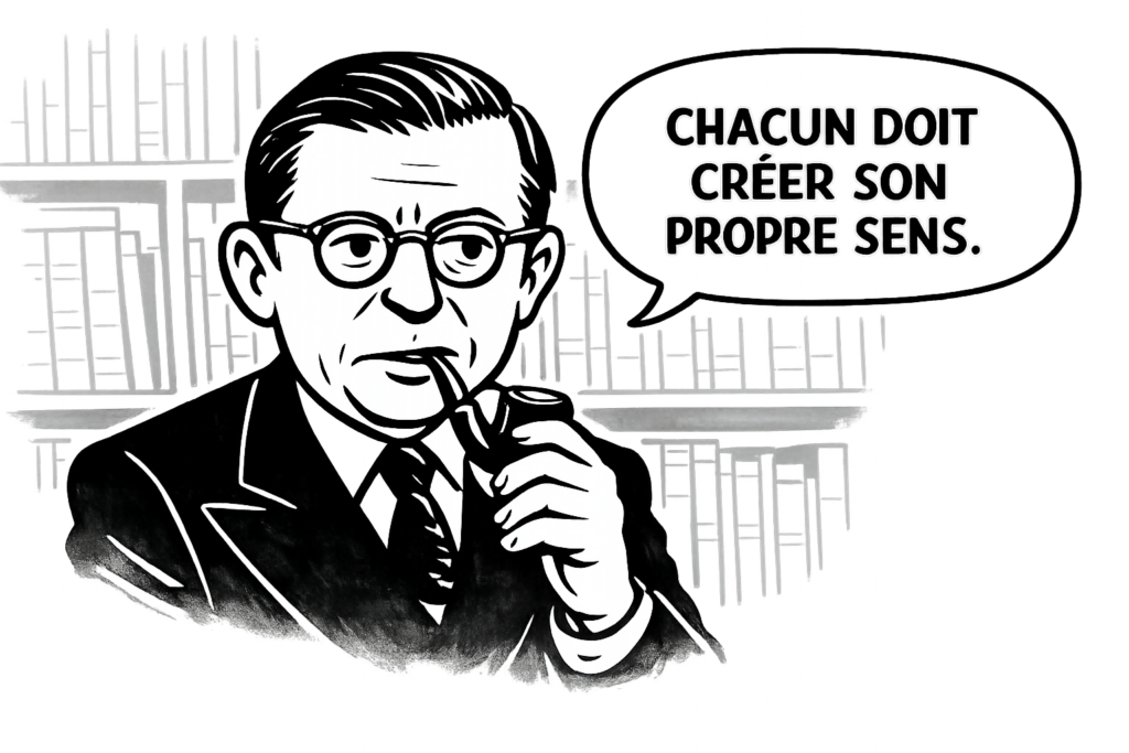 llustration style BD de Jean-Paul Sartre disant 'Chacun doit créer son propre sens', réflexion sur la crise existentielle