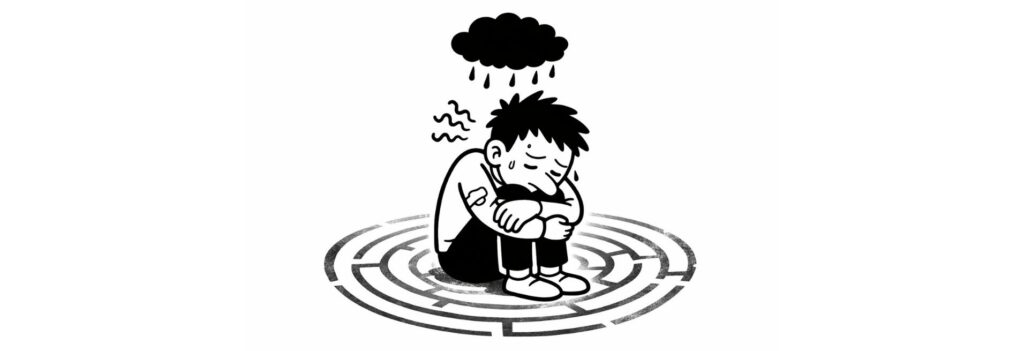 Crise existentielle illustrée en style BD : petit personnage en noir et blanc recroquevillé au centre d’un labyrinthe, sous un nuage sombre, exprimant fatigue, anxiété et sensation de vide intérieur