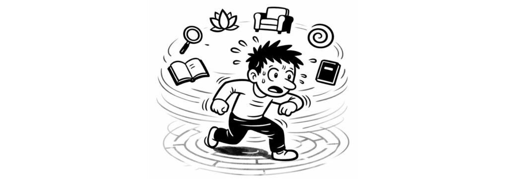 Crise existentielle illustrée en style BD : petit personnage en noir et blanc courant en cercle dans un labyrinthe, entouré de symboles de quête de sens, exprimant agitation mentale et recherche frénétique de réponses