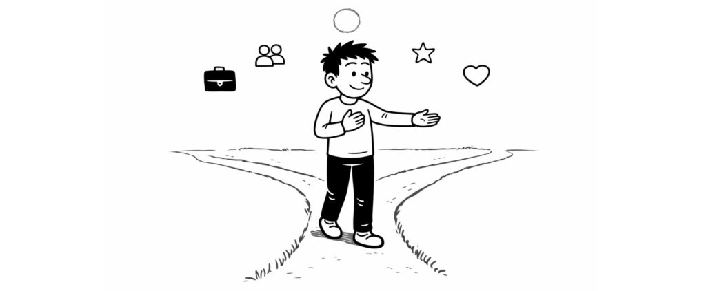 Crise existentielle illustrée en style BD : petit personnage en noir et blanc avançant sereinement sur un chemin courbé, entouré de symboles représentant travail, relations et valeurs, exprimant reconstruction et alignement intérieur