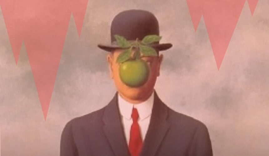 Test crise existentielle – illustration inspirée de Magritte représentant un homme au visage caché par une pomme, symbole d’identité et de questionnement intérieur