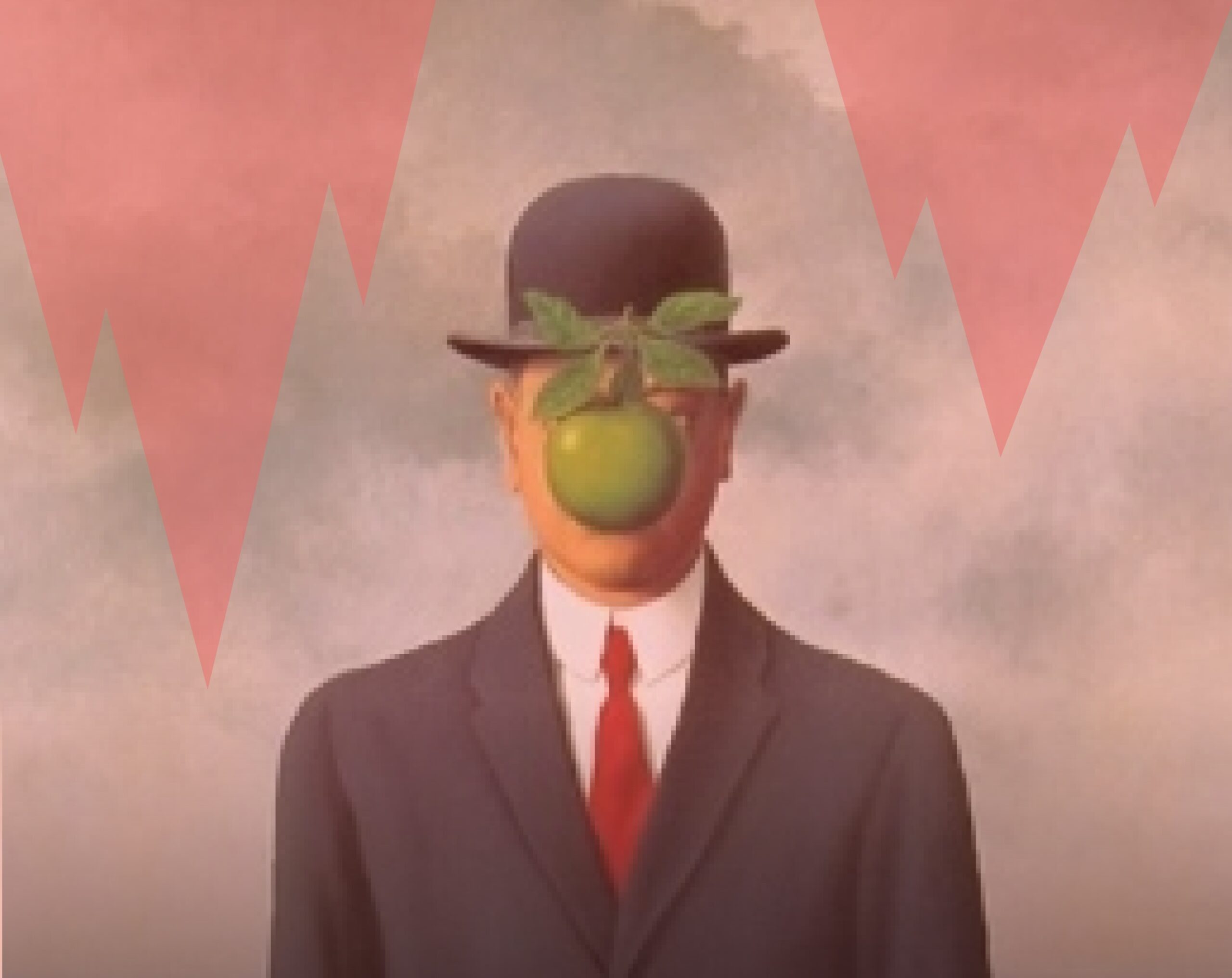 Test crise existentielle – illustration inspirée de Magritte représentant un homme au visage caché par une pomme, symbole d’identité et de questionnement intérieur