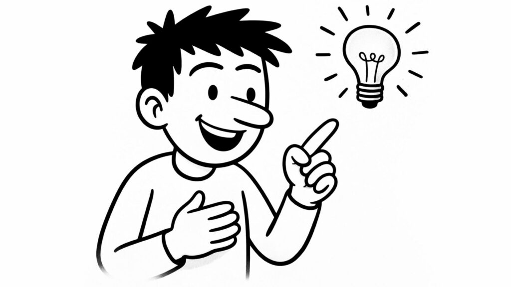 Pistes concrètes pour trouver sa voie quand on est perdu : illustration en noir et blanc d’un personnage souriant avec une ampoule au-dessus de la tête symbolisant une prise de conscience